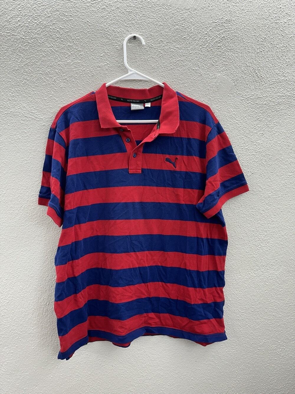 Puma Mens Polo Shirt Size XL Blue Red Striped Short Sleeve Collared